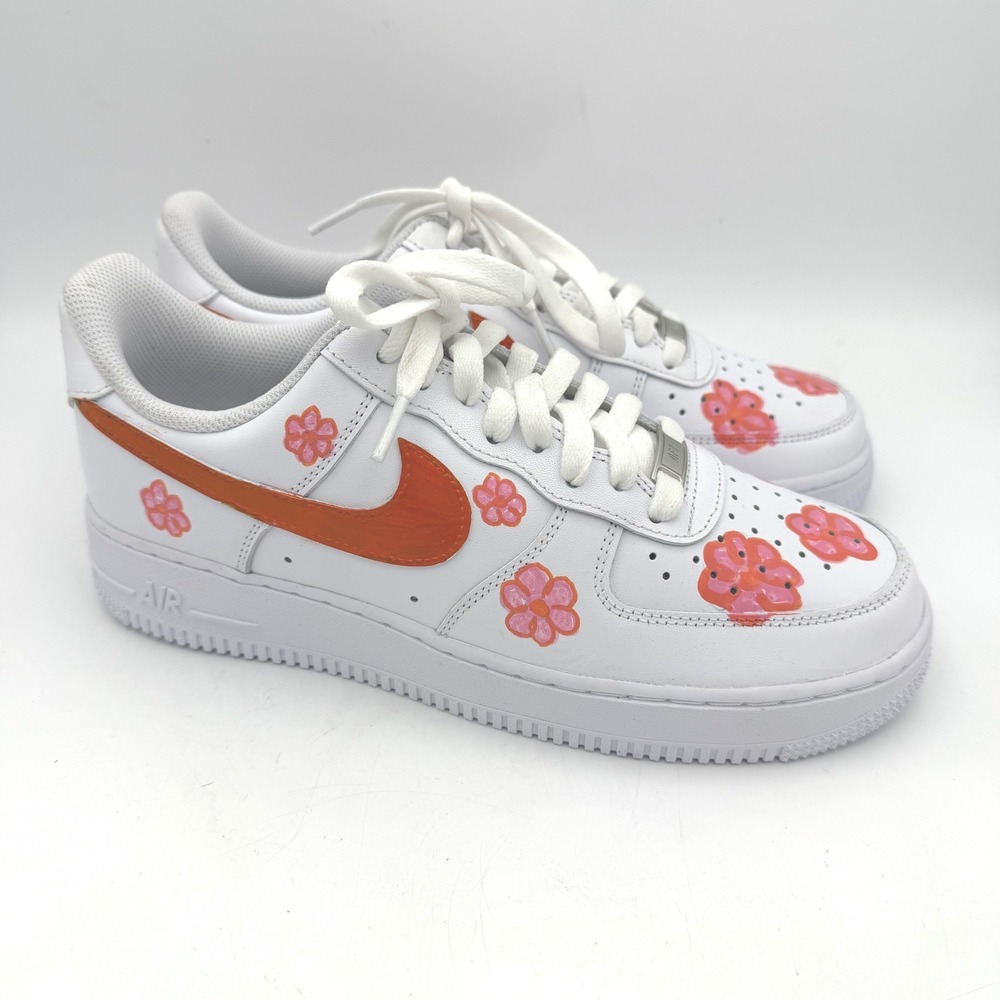 Nike Air Force 1 Low Custom Floral Hand Painted White Orange Pink Sneakers